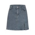 thumbnail image 2 of Women Wrap Mini Denim Skirts High Rise Jean Skirts Solid Color Button Belted Denim Skorts Side Slit Mini Jean Skirts Slim Fit Basic Pencil Skirt with Pockets, 2 of 3