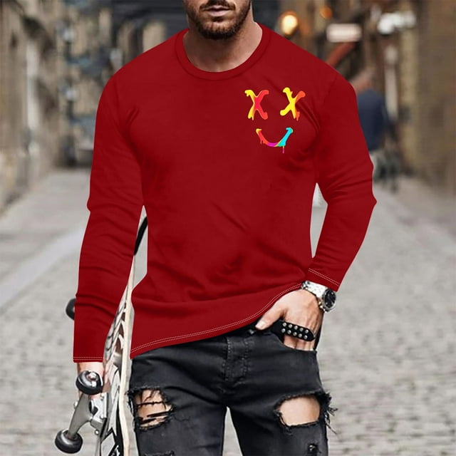 Pisexur Chandail à Manches Longues Homme Tissu de Haute Qualité T-Shirt à Manches Longues Homme, Haut Imprimé à Manches Longues pour Homme Haut/chemise à Col Rond à Manches Longues Rouge, 3TG