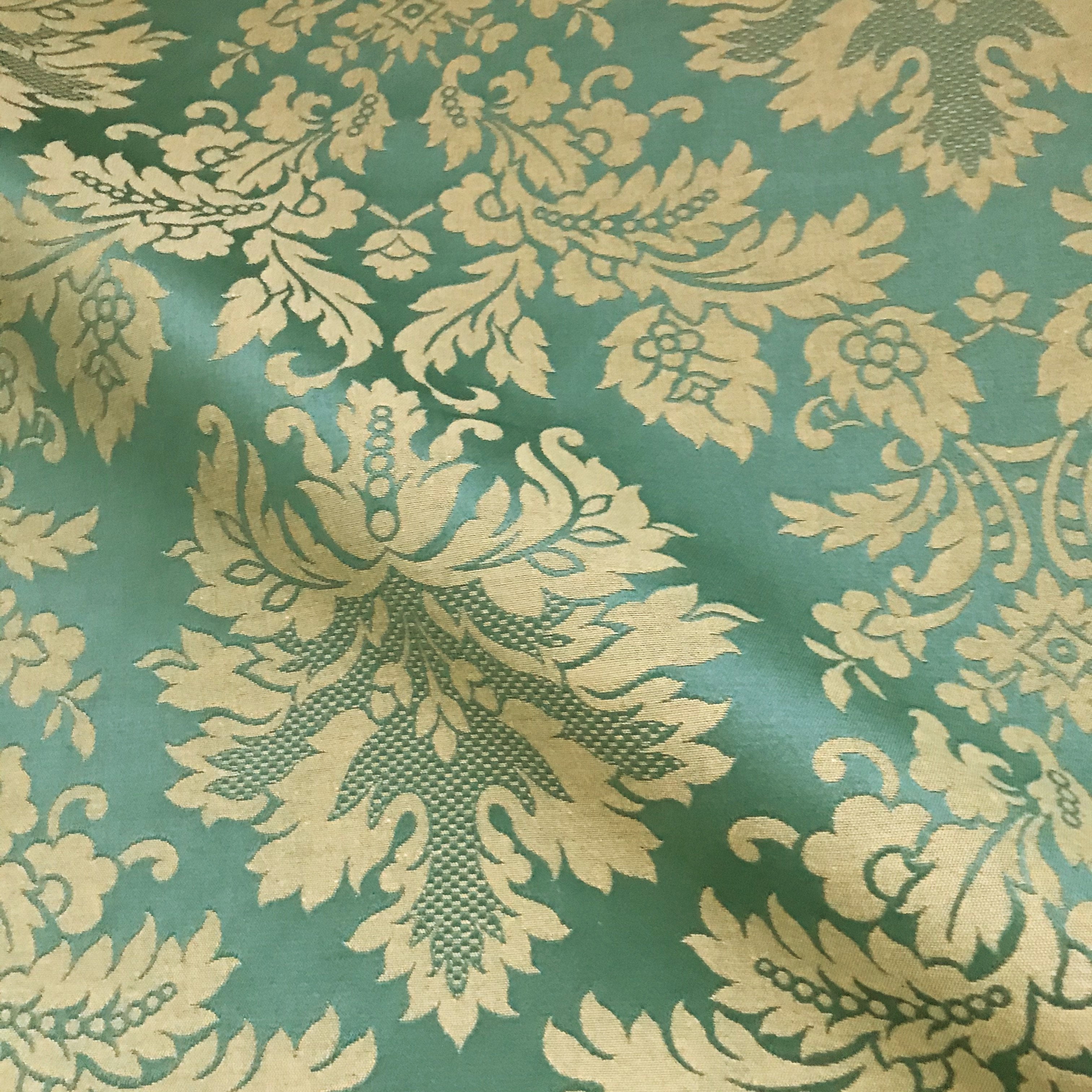 Traditional Antique Gold Green Damask Woven Upholstery Fabric 54" by