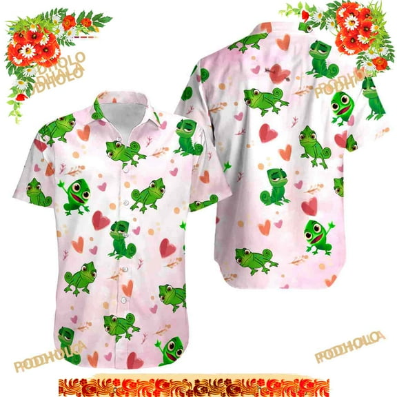Disney Tangled Pascal And Heart Floral Hawaiian Shirt