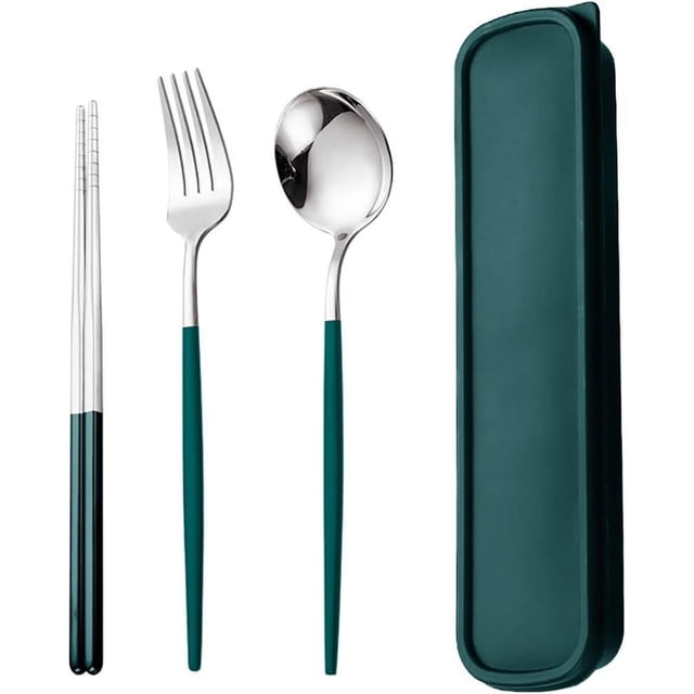 Utensilios de viaje, juego de cubiertos de acero inoxidable de 4 piezas, cubiertos portátiles reutilizables para campamento, incluye tenedor, cuchara, palillos con estuche (verde oscuro)