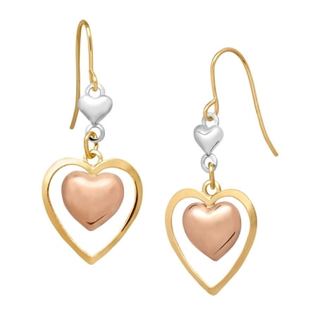 Simply Gold 14kt Tri-Colored Gold Double Heart Drop Earrings