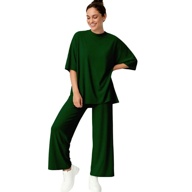 Moomaya Womens 2 Piece Lounge Set - Split Hem Tunic Top and Soft Pants with Pockets - Maternity Friendly Loungewear Set