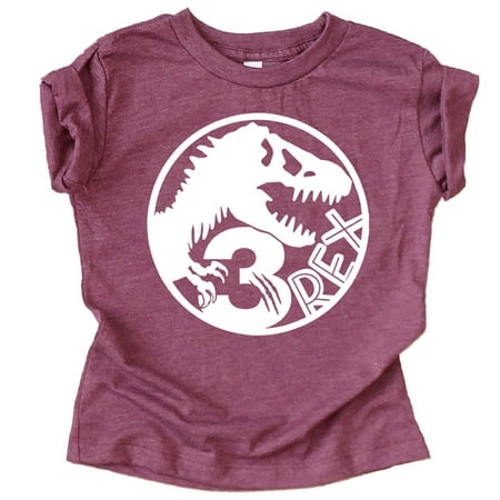 

Three T-Rex Fossil Dinosaur 3rd Birthday T-Shirts for Baby Girls and Boys Third Birthday Outfit Vintage Burgundy Shirt 5-6