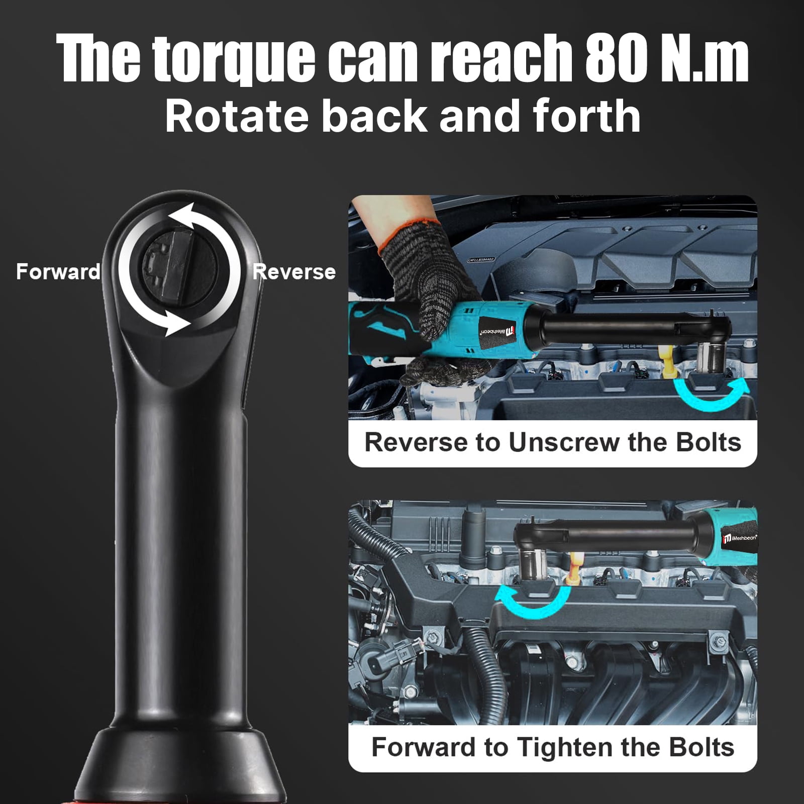iMeshbean 18V Extended Cordless Ratchet Wrench 1/4 & 3/8" 59 ft-lbs (80 N.m) Electric Impact Wrench 550RPM 2 Battery