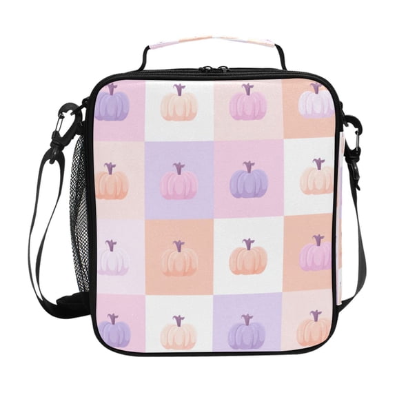 Insulated Square Lunch Bag with Side Mesh Pocket Fashion Lunch Box Reusable Lunch Tote 10.5" x9.5" x3.5" Cute Pumpkins Pattern