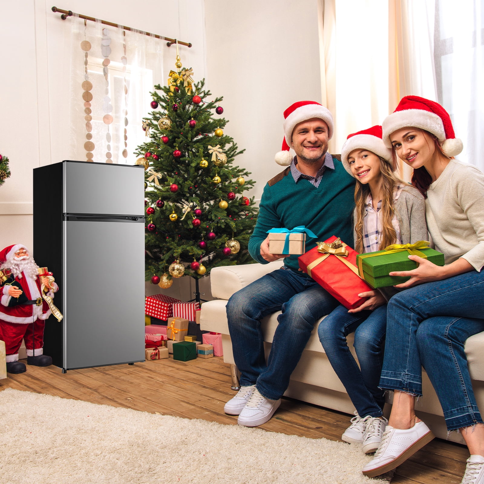 TACOOL Small Refrigerator with Top Freezer 4.6Cu.ft Two Door Mini Fridge with LED Light Extra Drink Space for Apartment Silver