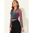 thumbnail image 3 of Chaqueta corta con cremallera y cuello levantado de lunares semitransparentes para mujer Azul L Allegra K, 3 of 5