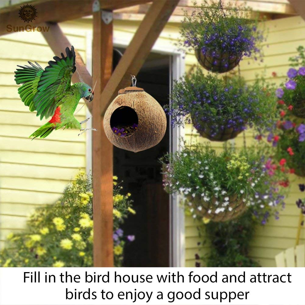SunGrow Finch & Budgie Coconut Shell Breeding Nest & Bird Seed Storage, Shelter from Cold Weather & Tropical Garden Decor