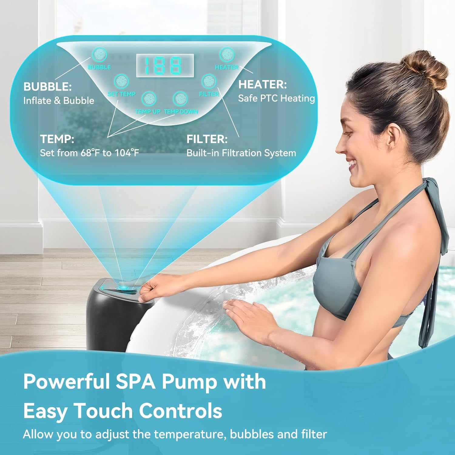 Outdoor Inflatable Hot Tub Spa for 4 Person, Round 211 Gallon Air Jet Hot Tub with 110 Bubble Jets, Pool Heater, Insulated Cover and Filters, Portable Hot Tubs for Patio, Backyard