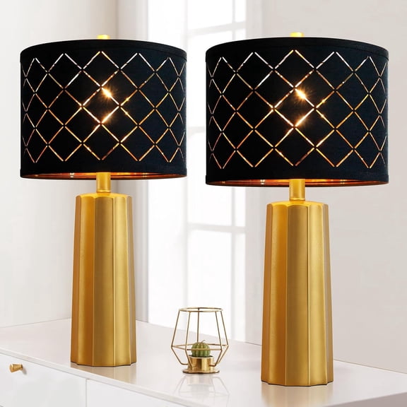 Set of 2 Modern Table Lamps for Living Room Bedroom, Gold Nightstand Resin Lamps with Black Grid Shade, Contemporary Desk Lamps for Bedside End Tables, 2 Bulbs Included (Gold)