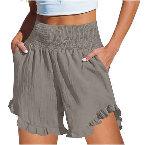 Levmjia Womens Ruffled Wrap Shorts High Waist Casual Polyester Elastic Waist Pocket Shorts for Everyday Wear Yoga Beach and Vacation All Season Comfort Stretchy Fit