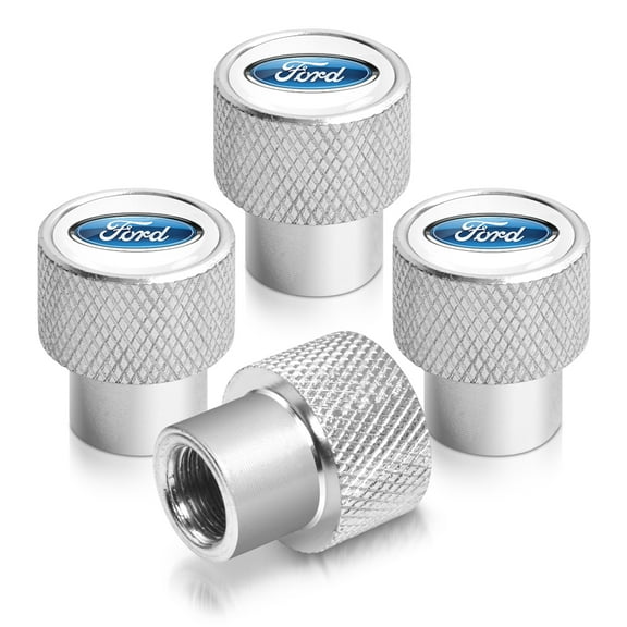 Ford Logo in White on Silver Chrome Aluminum Tire Valve Stem Caps