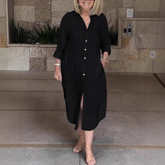 Women's Long Sleeve Dress, Casual V-Neck Long Dress in Soft Cotton Linen Blend for Summer and Spring Wear
