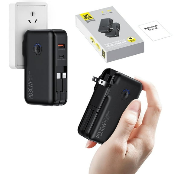 16000mAh Portable Charger Power Bank with Built-in Cable and AC Wall Plug,PD 30W and QC4.0 Fast Charger,Compatible with iPhone/Android-Travel Essentials
