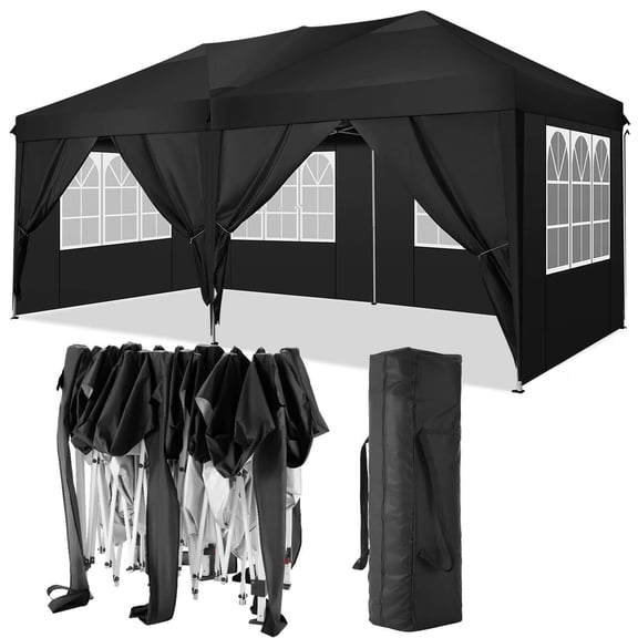 HOTEEL 10x20ft Pop Up Canopy, Fully Waterproof Canopy Tent, Commercial Canopy with Sidewalls & Carry Bag for Outdoor Sports, Black