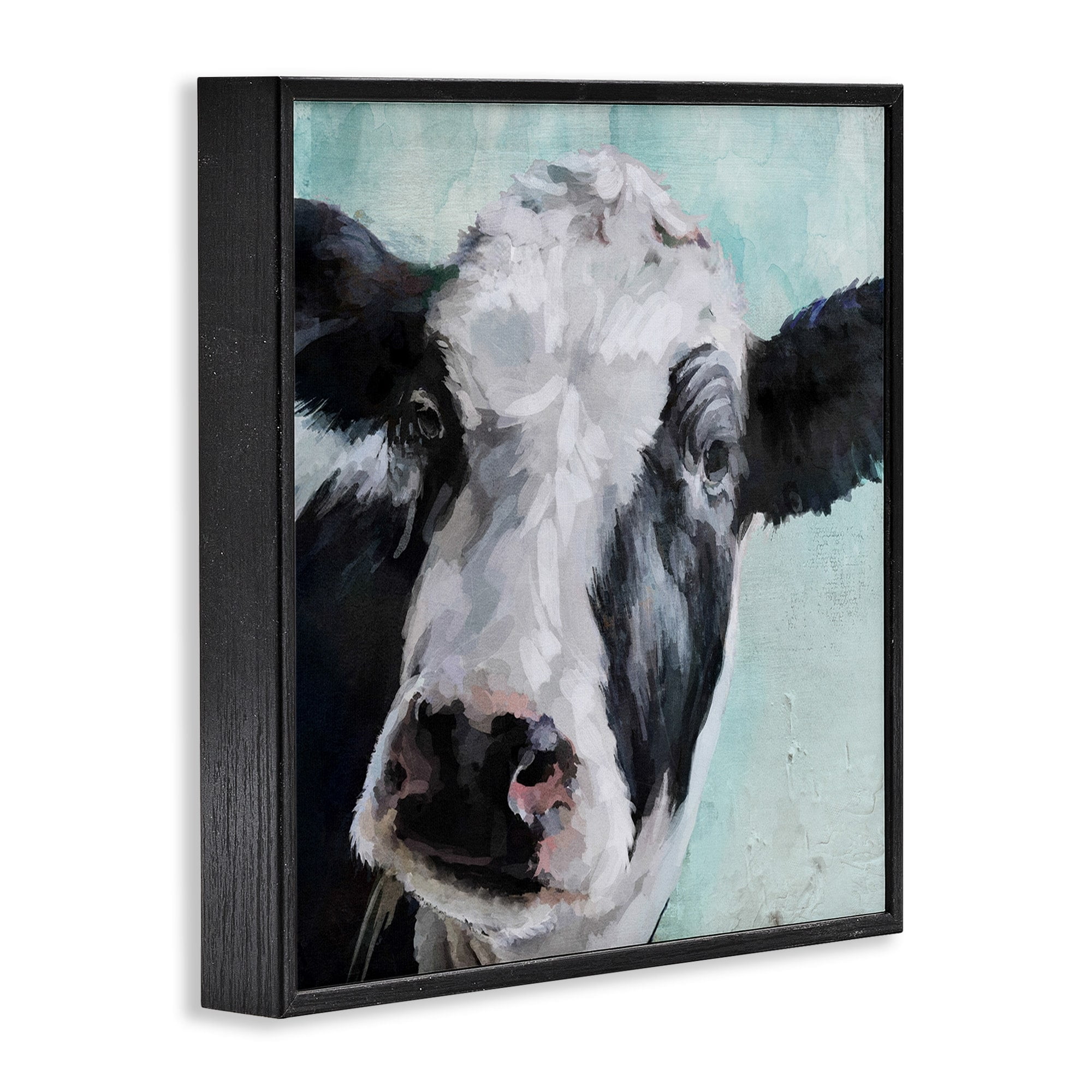 Gentle Farm Cow Painting on Blue Animals & Insects Framed Art Print Wall Art, 17x17