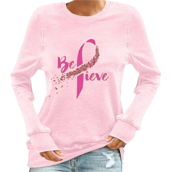 Byworldtasic Womens Breast Cancer Sweatshirt Womens Pink Ribbon Sweater Cancer Awareness Long Sleeve Casual Fall Crewneck Pullover Tops