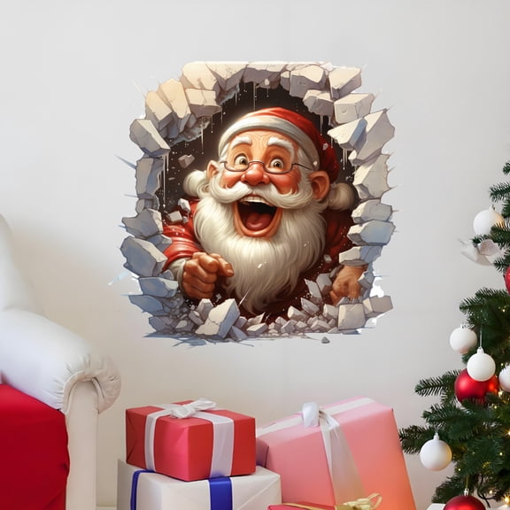 Christmas 3D Wall Sticker - Break-Through Wall Santa Claus Design, Festive Wall & Door Decorations, Damage-Free Decorating for Christmas, Perfect for Holiday Ambiance, 15.34*15.74, D