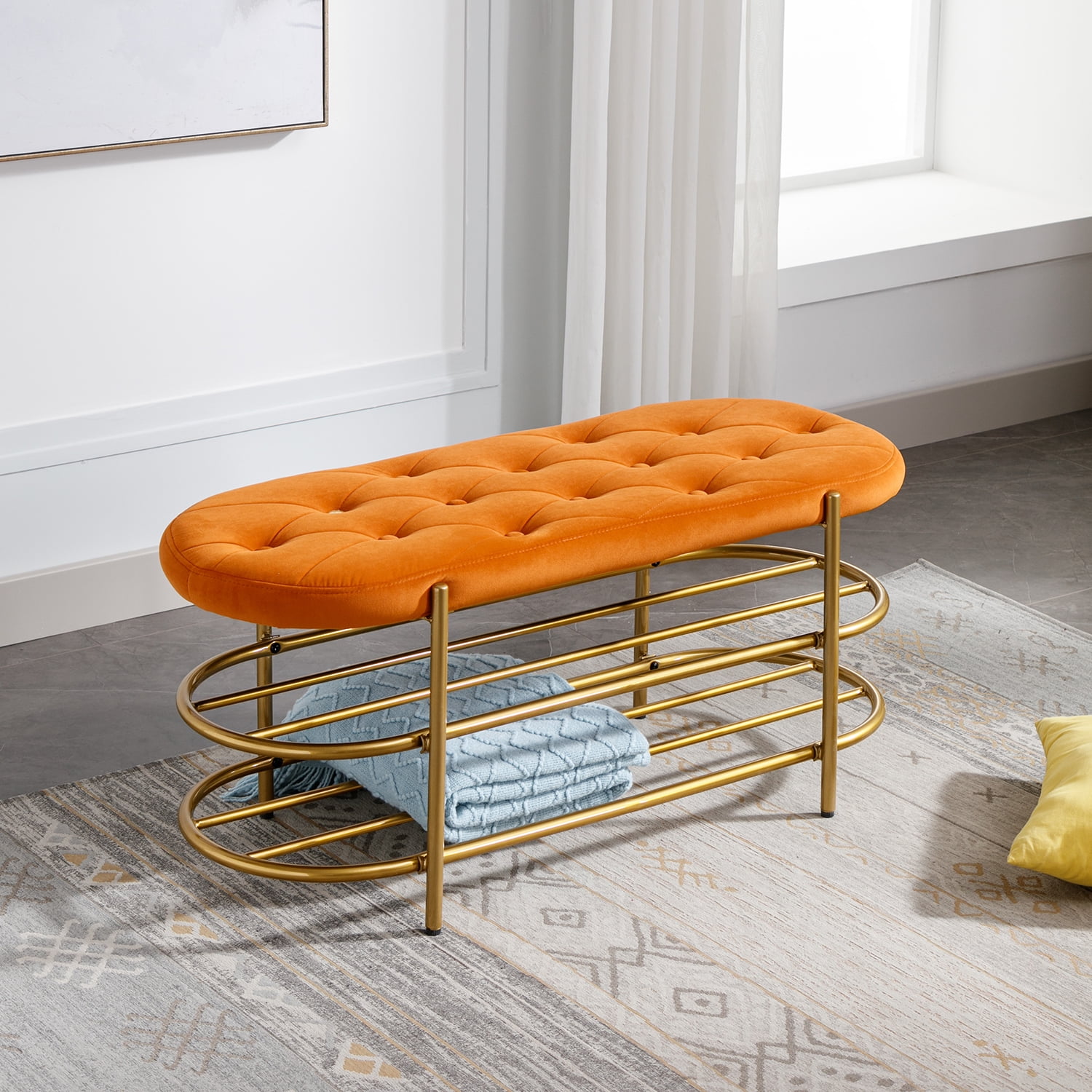 Kepooman Orange Beach, Upholstered End of Bed Bench with 2 Shelf, Velvet Storage Beach for Living Room Kepooman Orange Beach, Upholstered End of Bed Bench with 2 Shelf, Velvet Storage Beach for Living Room