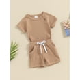 thumbnail image 4 of Suealasg Baby Boys Summer Outfits 3M 6M 12M 18M 24M 3T Solid Color Short Sleeves T-Shirt and Elastic Shorts 2 Piece Toddler Boys Beach Vacation Clothes Set, 4 of 9