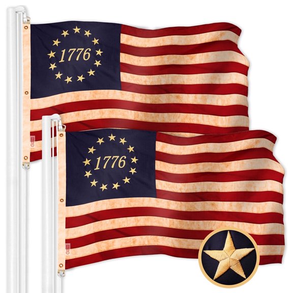 G128 Heavy Duty Flag, 5x8 ft, 2-Pack Embroidered Betsy Ross 1776 Tea-Stained Historical Flag, Grommets