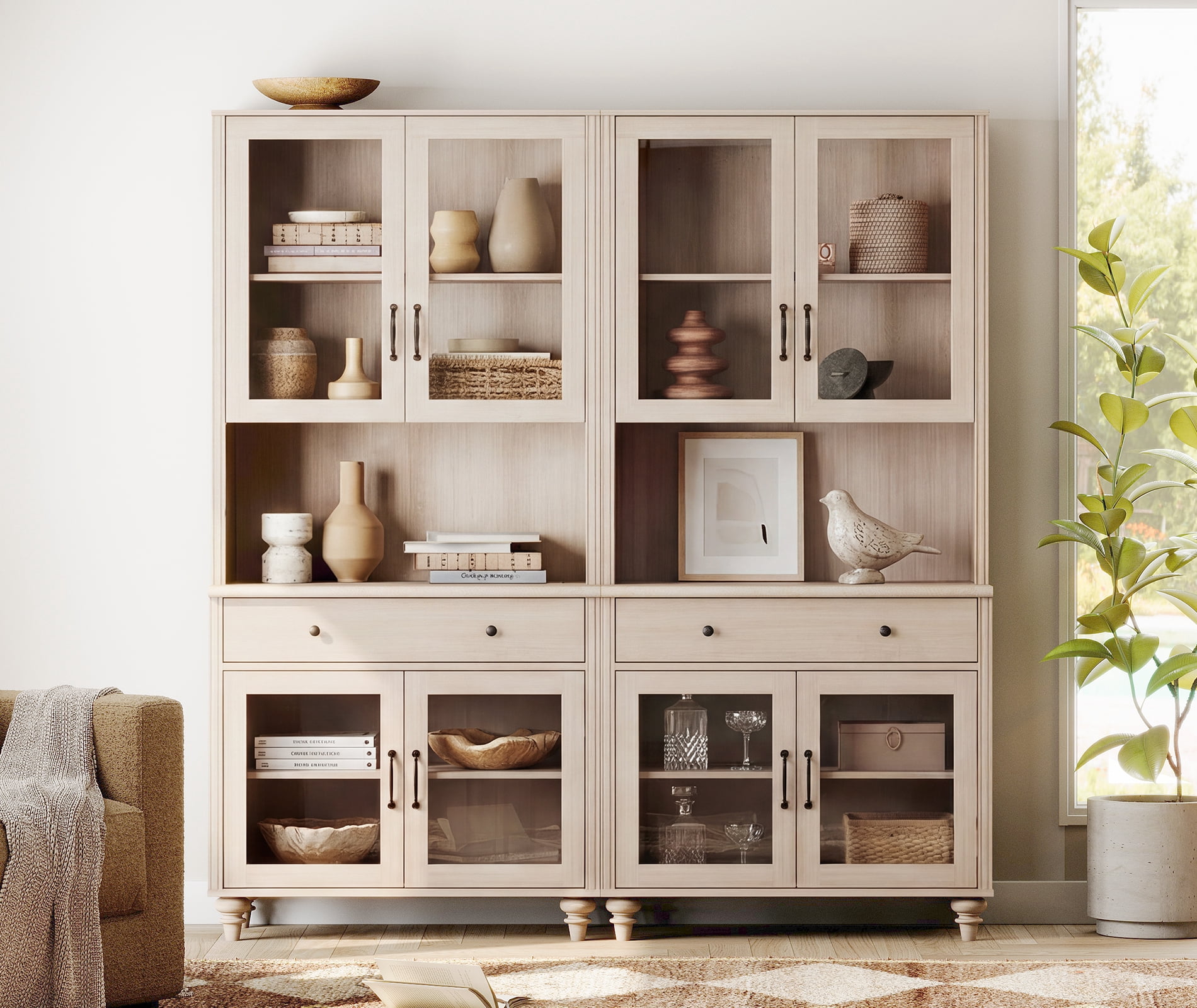 72.1"H × 67.7"W Bookcase with Glass Doors and Drawer, Large Farmhouse Bookcase with Bar Hutch, Suitable for Living Room, Bedroom, Home Office & Kitchen, Beige