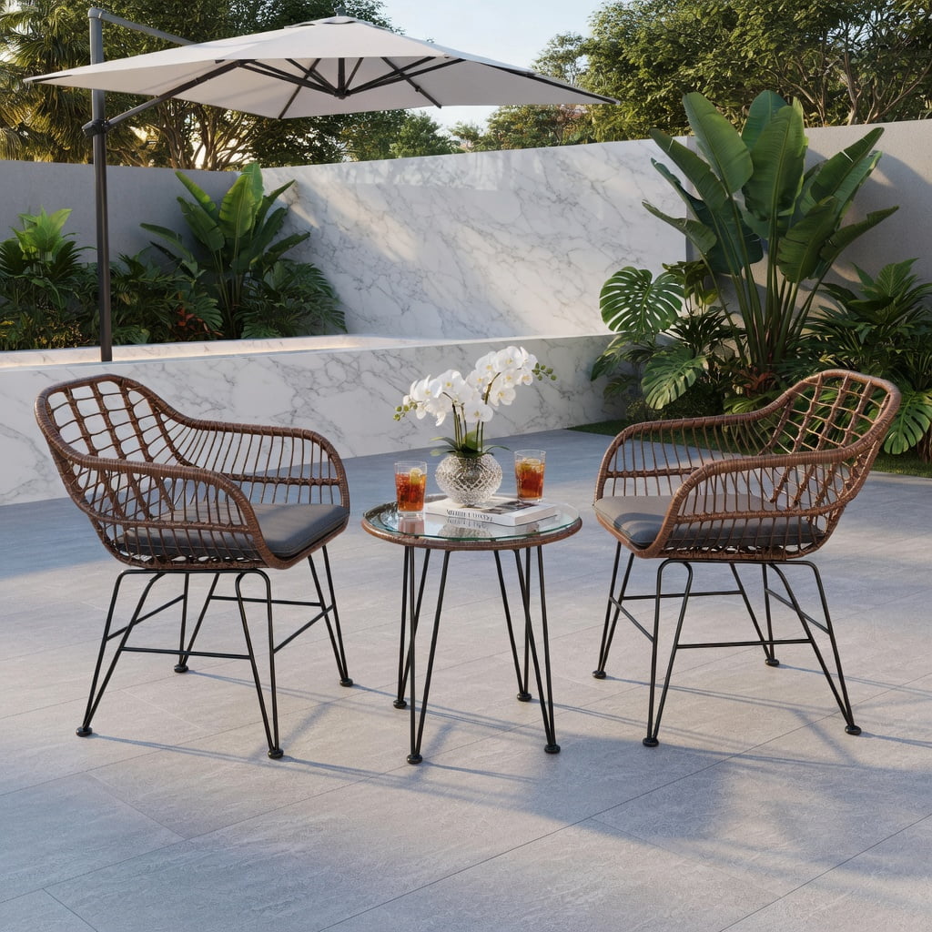 Hommoo 3-Piece Outdoor Rattan Bistro Set with Removable Cushions, Steel Frame, Tempered Glass Table, Gray