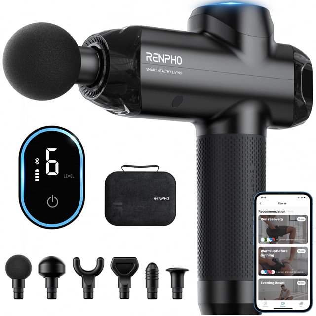 pistola de masaje renpho deep tissue percussion con bluetooth Pistola de masaje RENPHO negra en vista 3/4 con empuñadura texturizada y cabezal redondo montado; pantalla táctil LED ovalada muestra nivel 6 y conexión Bluetooth. Incluye funda de transporte negra, seis cabezales intercambiables y teléfono con la app Renpho Health; adecuada para rutinas de recuperación muscular y uso post-entrenamiento.