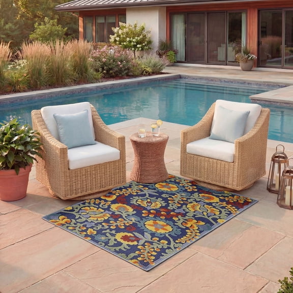 Nourison Aloha Floral Textured Flatweave High-Low Indoor Outdoor Area Rug Navy Multicolor 2'8" x 4'