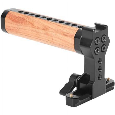UPC: 0757277492419 | NATO Top Handle Wooden Grip with 70mm Safety Rail and Cold Shoe Mount for DSLR Camera Cage Rig