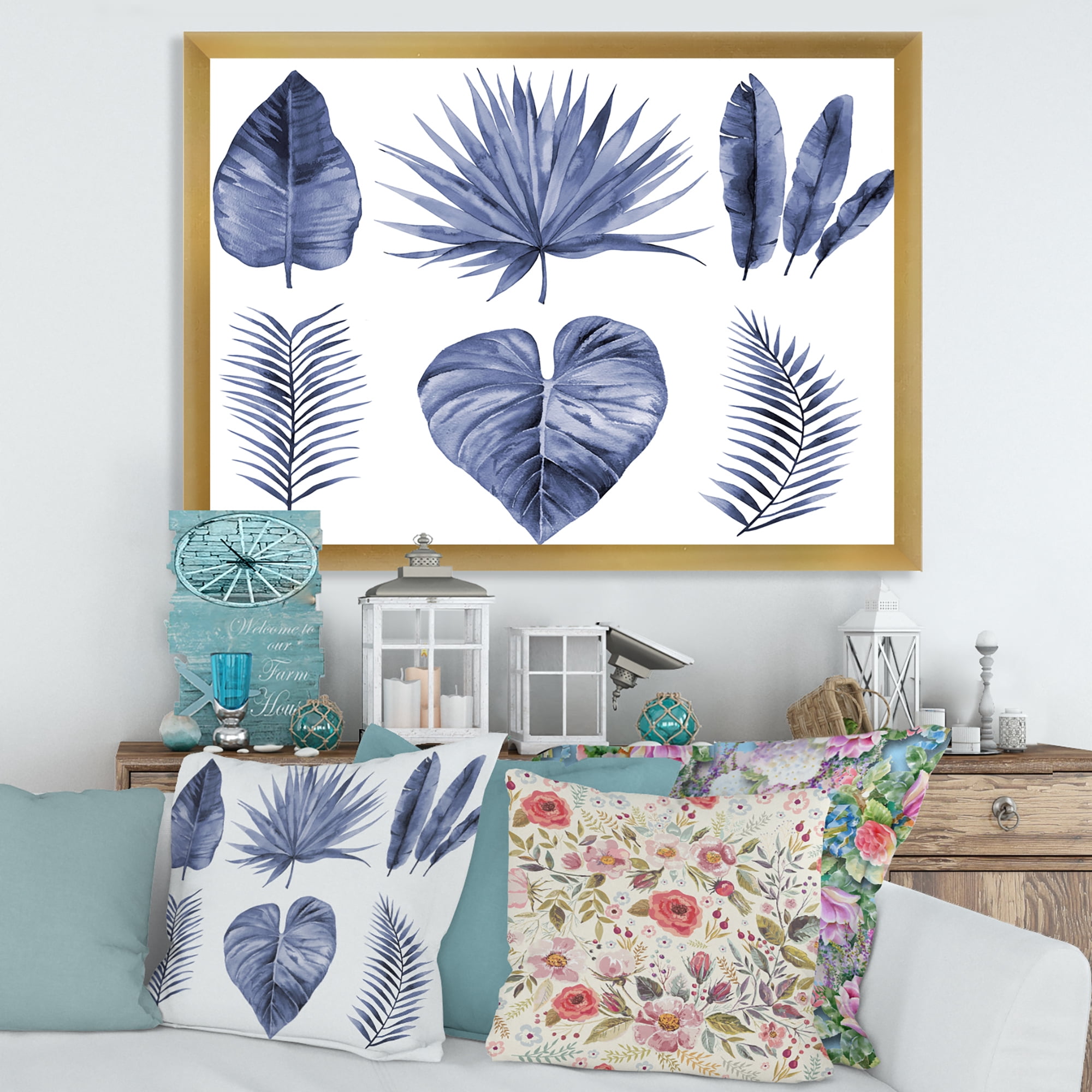 Designart 'Blue Watercolour Tropical Leaves IV' Traditional Framed Art Print