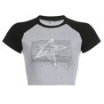 thumbnail image 1 of Camiseta vintage americana con patchwork en contraste para mujer, top corto de manga corta estilo academia oscuro, camisetas urbanas grunge, 1 of 6