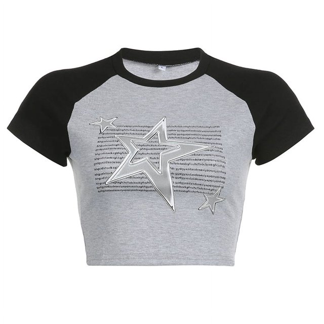 Camiseta vintage americana con patchwork en contraste para mujer, top corto de manga corta estilo academia oscuro, camisetas urbanas grunge