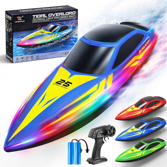 Zeemoto 10 Inch RC Boat, 15 KM/H Remote Control Racing Boat with 7-Mode LED Lights, 3 Speeds, 2 Batteries, Auto Flip Recovery, Blue