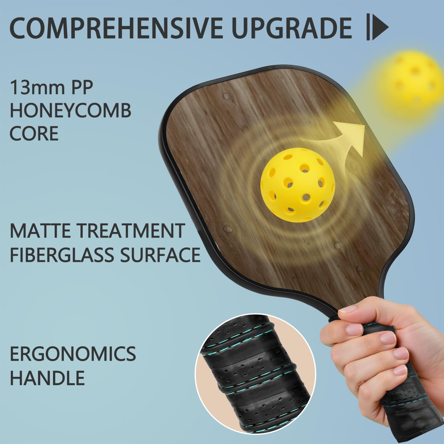 Pickleball Paddles Set Of 1, Fiberglass Surface, Wood Grain Print, 1 Paddle, 2 Balls & Bag