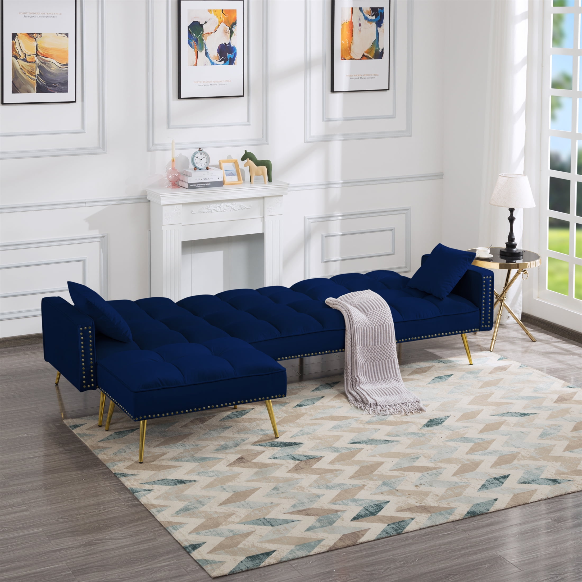 Aukfa 108" Living Room Sectional Sofa Bed, Velvet Sleeper Sofa, Nailhead Decor, 2 Pillows, Blue