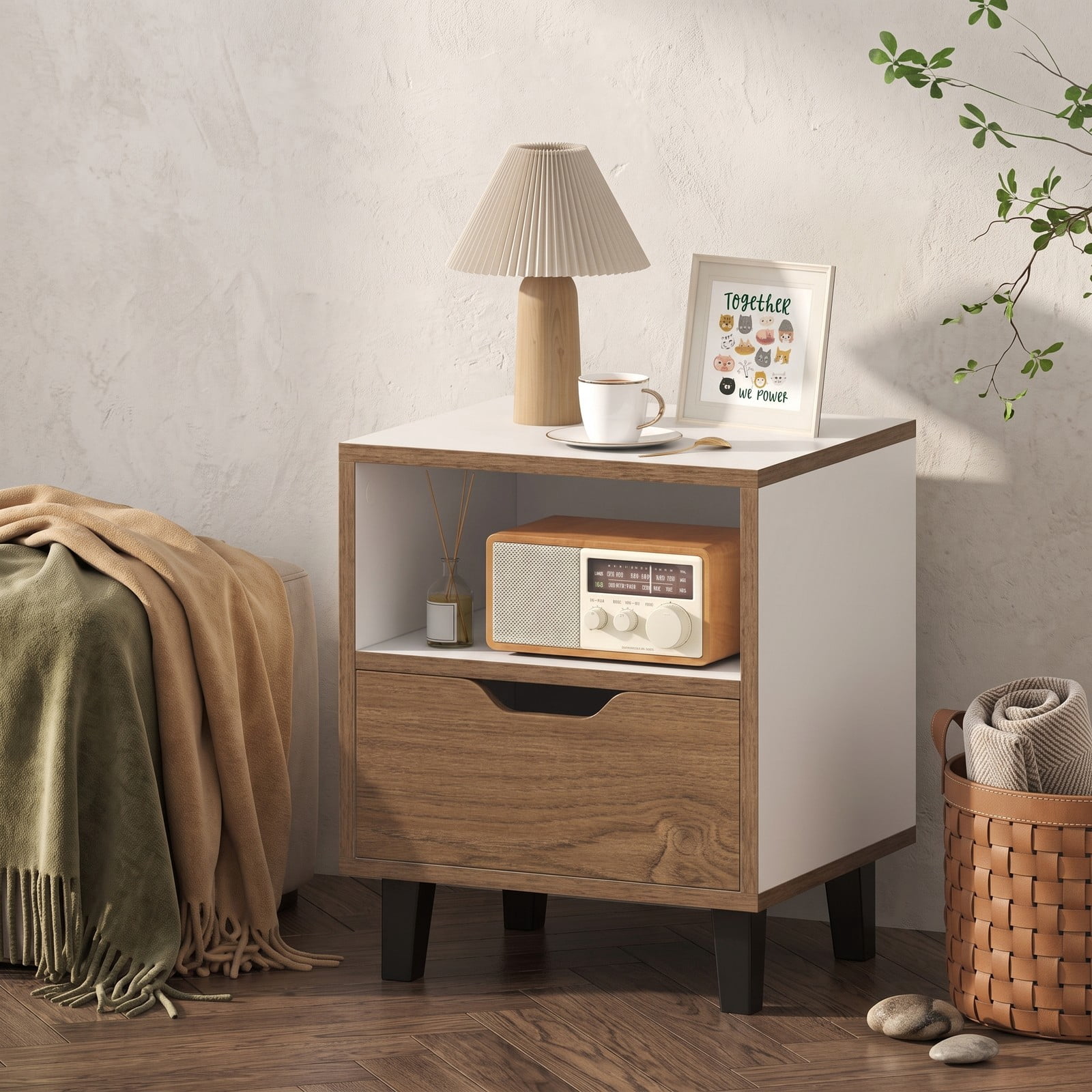 Furnibear Nightstand with Drawer and Open Storage Shelf, Two-tone Bedside Table with Metal Legs for Bedroom and Sofa Side, White