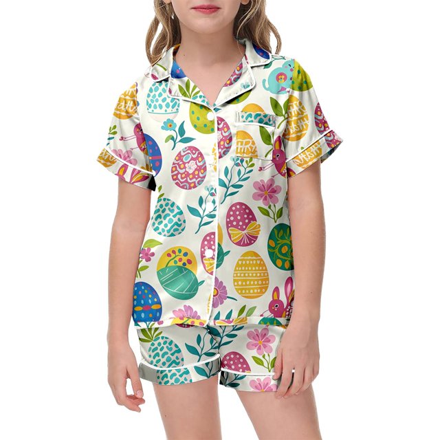 Ensemble de Pyjama Mode Enfant Imprimé de Pâques Col Boutonné Manches Courtes et Shorts