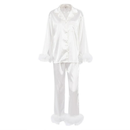 

BYDOT Cute Feather Pajamas Set Simulation Silk Ice Silk Ladies Homewear 2 Piece Set