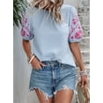 thumbnail image 3 of Dycnvjo Women Floral Embroidered Textured Tops Crewneck Puff Short Sleeve Casual Loose Solid Embroidery Blouses Shirts Blue M, 3 of 8