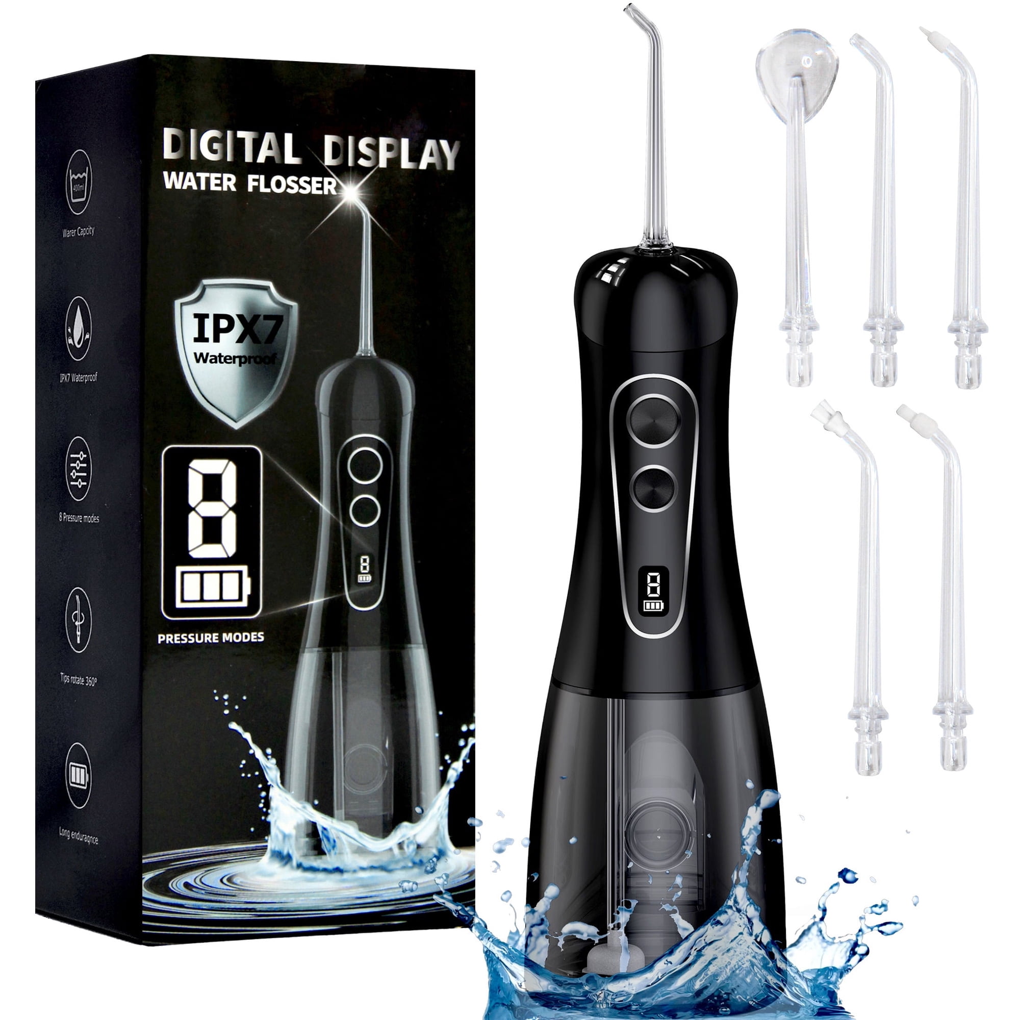 IESWKP Water Flosser Cordless Portable with 8 Pressure Settings and 5 Jet Tips, 400ml Removable Tank Water Flosser for Teeth Cleaning, Gums, Braces, Dental Care, Black