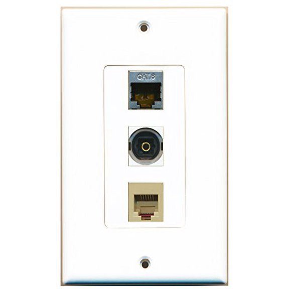 RiteAV - 1 Port Phone RJ11 RJ12 Beige and 1 Port Shielded Cat6 Ethernet and 1 Port Toslink Decorative Wall Plate Decorative