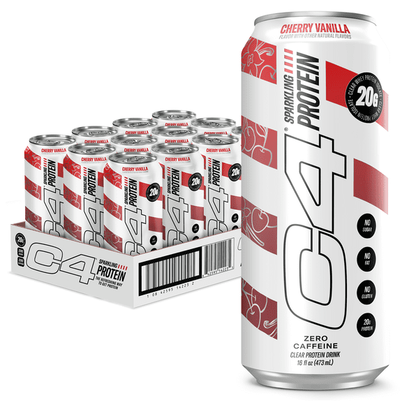 C4 Clear Protein RTD Sparkling Protein Drink, Cherry Vanilla Flavor, 16 fl oz (12 Pack)