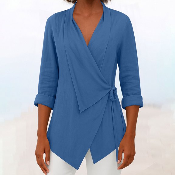 HongQid Women's V Neck Casual Work Tops 3/4 Sleeve Office Dressy Blouse Asymmetrical Elegant Cotton Linen Shirts