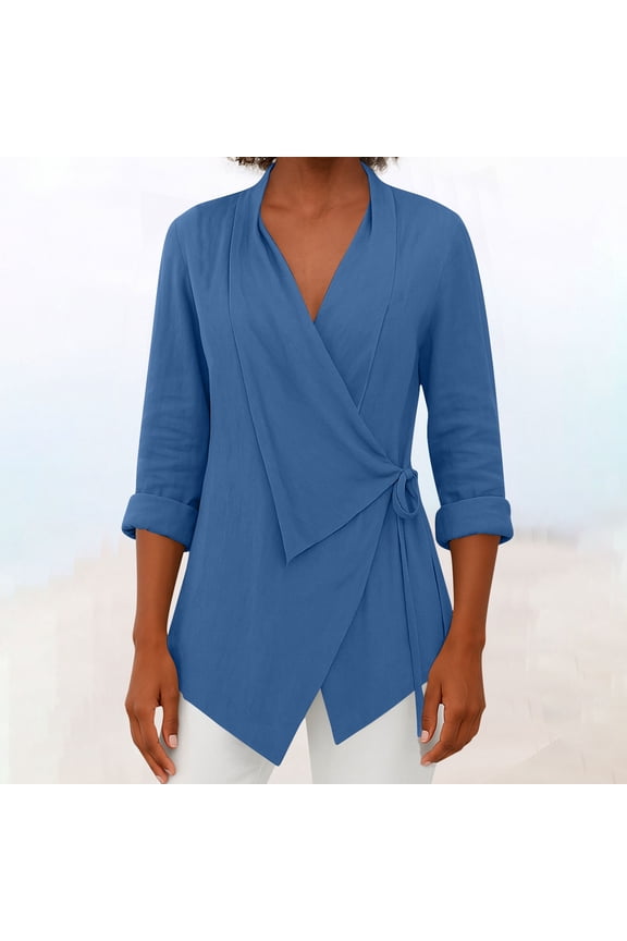 3/4 Length Sleeve Womens Tops Plus Size Shirts Collared Casual Pullover Linen Solid Color Loose Summer Blouses Blue