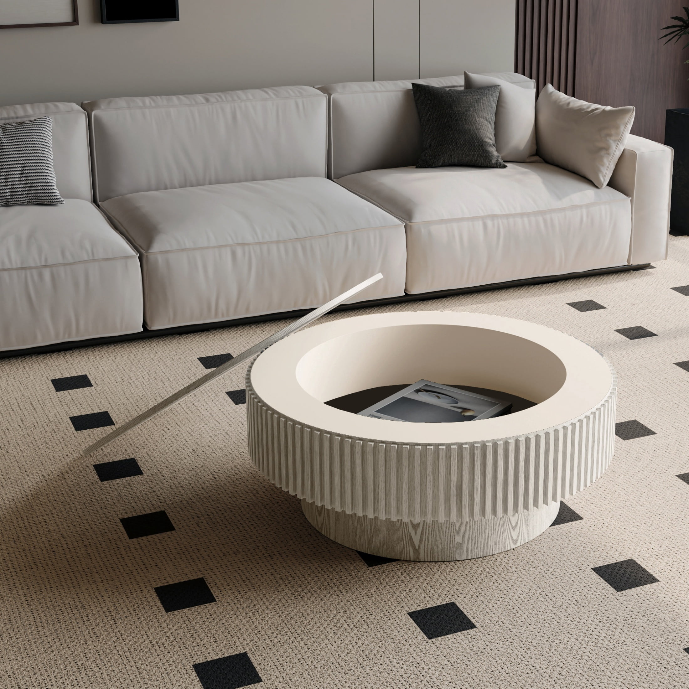31.5'' Round Coffee Table with Hidden Storage Compartment, Solid Wood Veneered Modern Fluted Accent End Tea Table