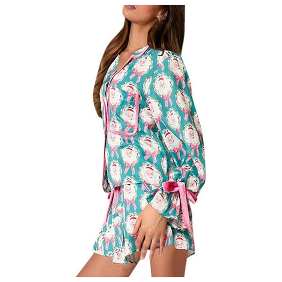 Tiweut Womens' Leisure Pajamas Sets for Christmas Santa Deer Print Bow Cozy Long Sleeve Lapel Tops and Shorts Loungewear for Holiday Season Holiday Ladies Sleepwear Set,Blue,L