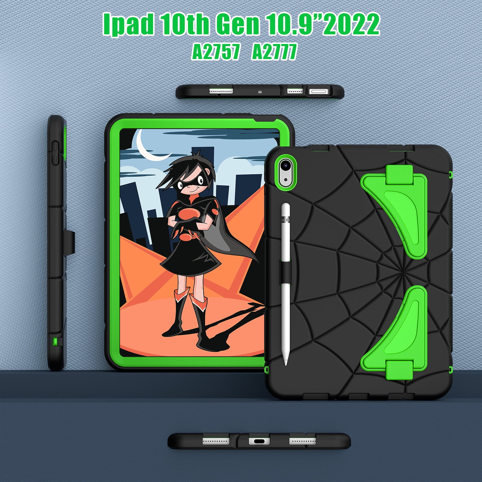Kids Cases for iPad 10th Generation 2022,TECH CIRCLE Heavy Duty Shockproof Rugged Full Body Protective Sturdy Kickstands iPad 10.9 inch case with Pencil Holder for Kids Children Boys,Black+Green