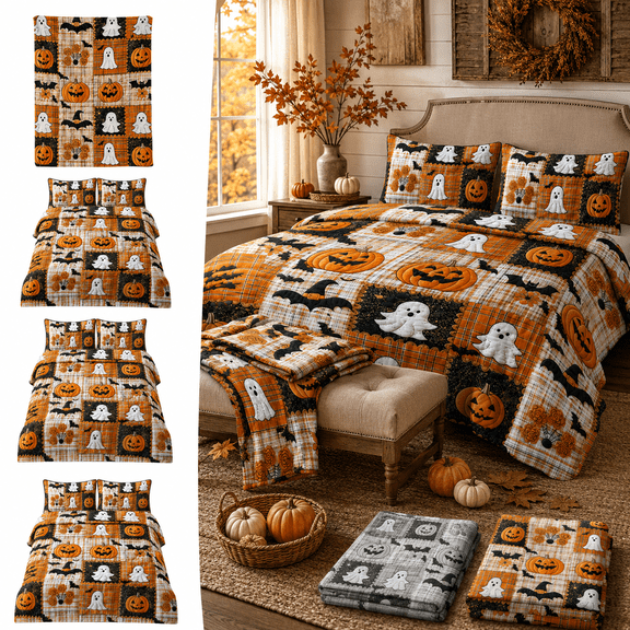 Vintage Halloween Patchwork Quilt Blanket, Ghost Pumpkin Bat Flannel Throw with Rustic Plaid Design for Bedroom Couch Sofa and Holiday Home Decor, Variant 1